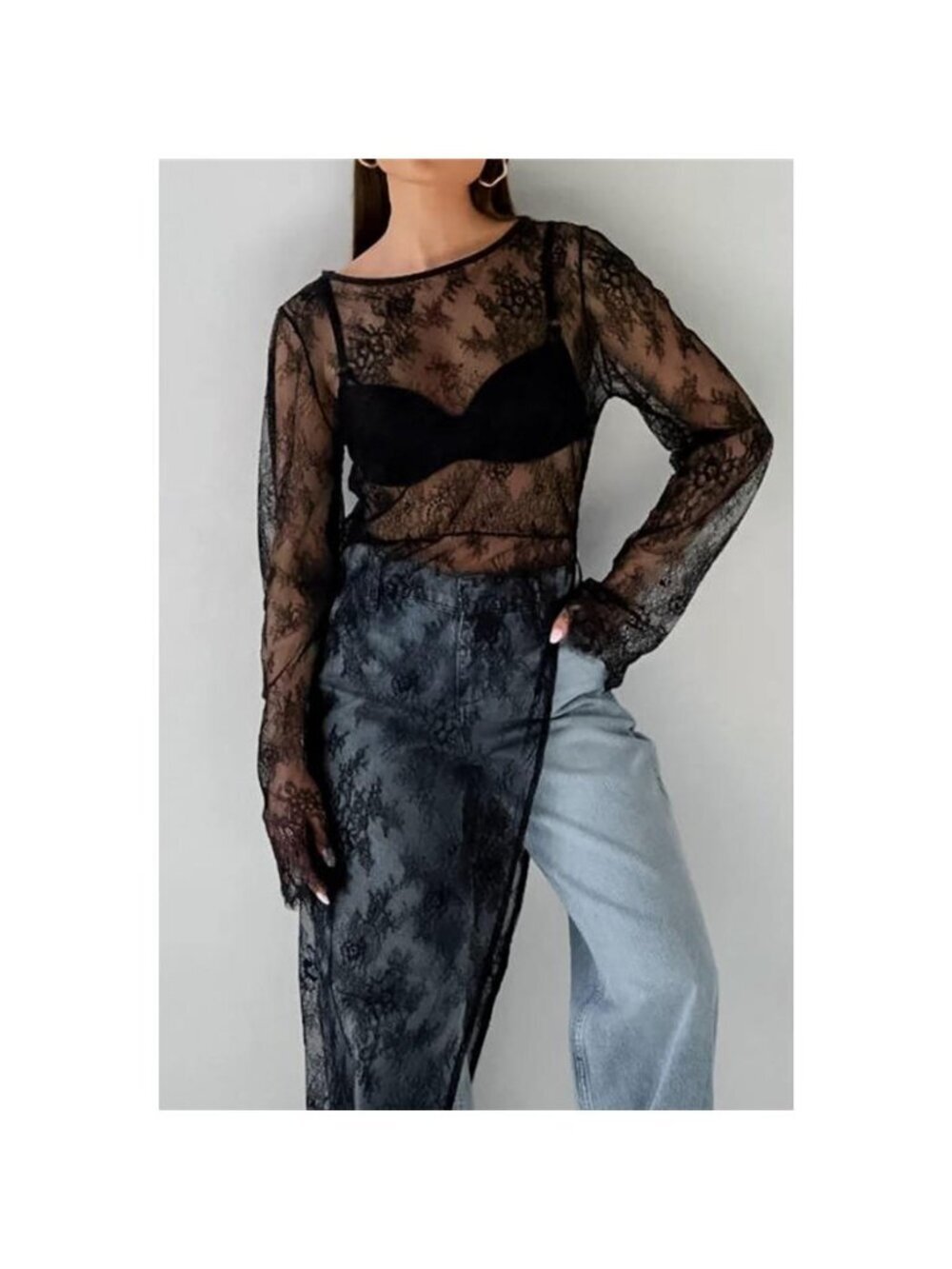 Fringe Round Neck Long Sleeve Lace Sheer Top